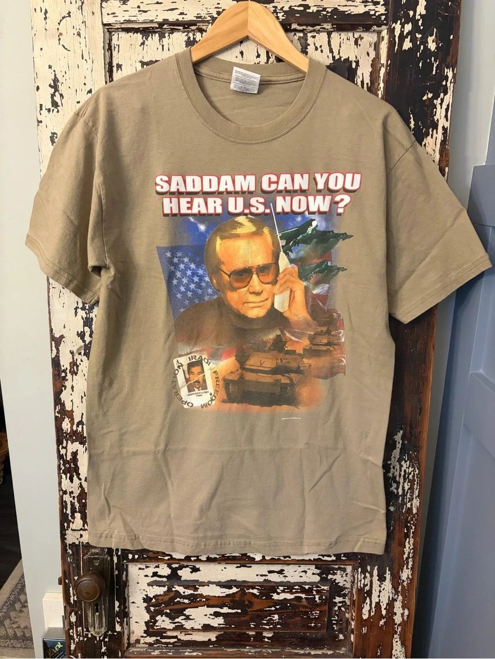 Vintage Y2K George Jones Saddam Hussein T Shirt Support Our Troops Size L. Rare